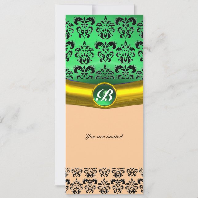 Invitación DAMASK GEM STONE MONOGRAM verde (Anverso)