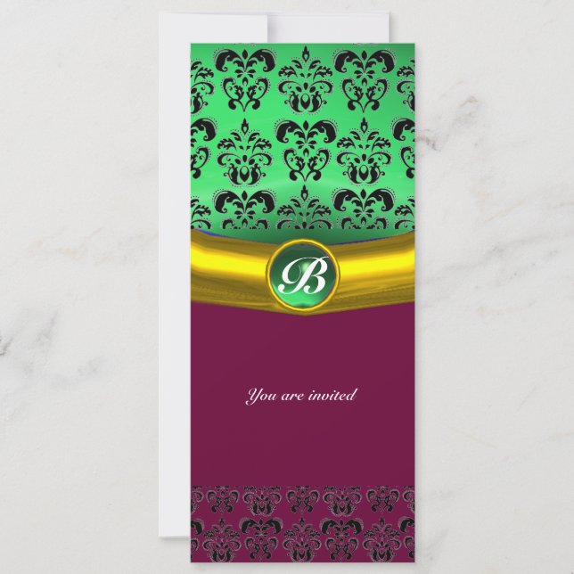Invitación DAMASK GEM STONE MONOGRAM verde (Anverso)