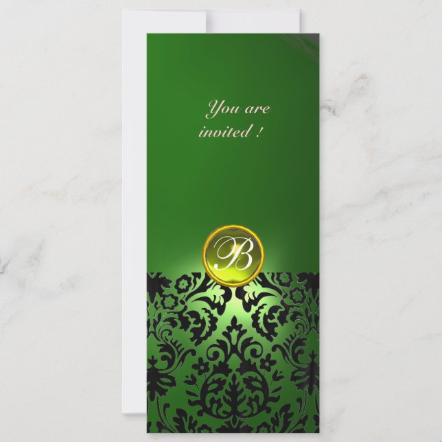 Invitación DAMASK GEM STONE MONOGRAM verde amarillo (Anverso)