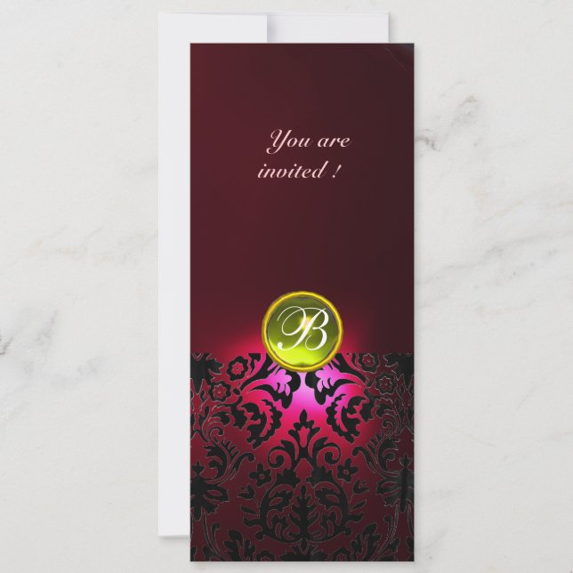 Invitación DAMASK GEM STONE MONOGRAMA amarillo rojo burdeos (Anverso)