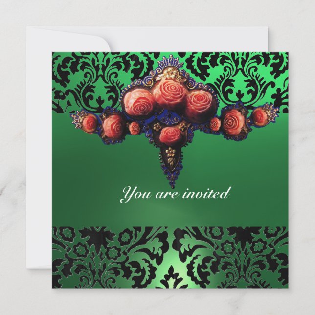 INVITACIÓN DAMASK GEM Y ROSAS ROSADAS MONOGRAMA (Anverso)
