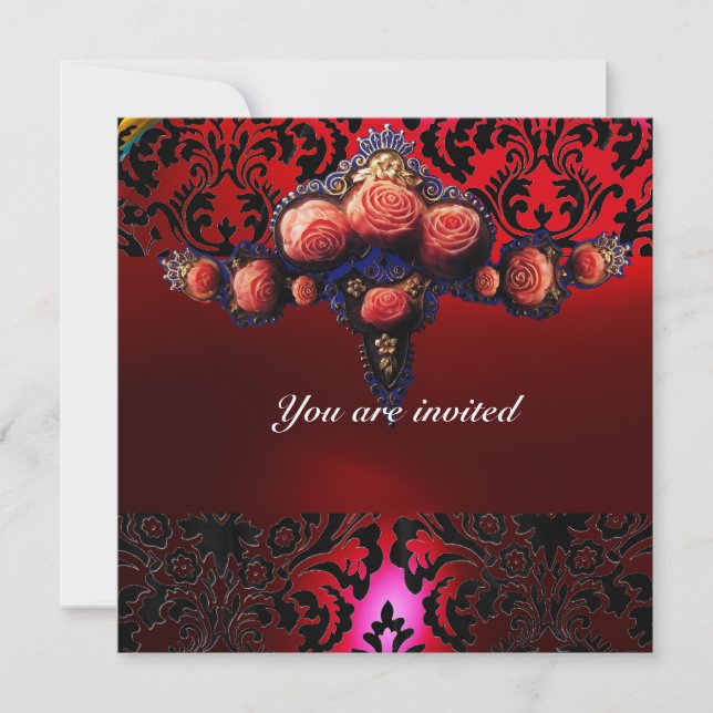 INVITACIÓN DAMASK GEM Y ROSAS ROSADAS MONOGRAMA (Anverso)