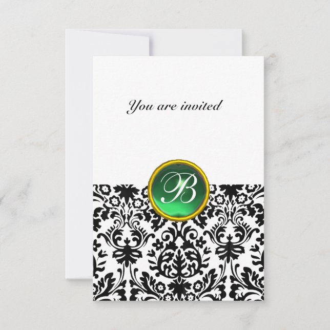 Invitación DAMASK GEMA PIEDRA MONOGRAMA jade verde blanco rsv (Anverso)