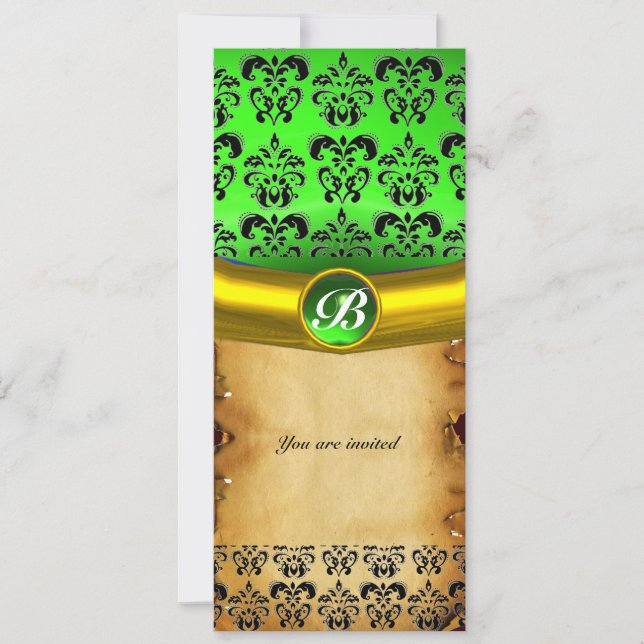 Invitación DAMASK GEMA PIEDRA MONOGRAMA , pergamino marrón (Anverso)