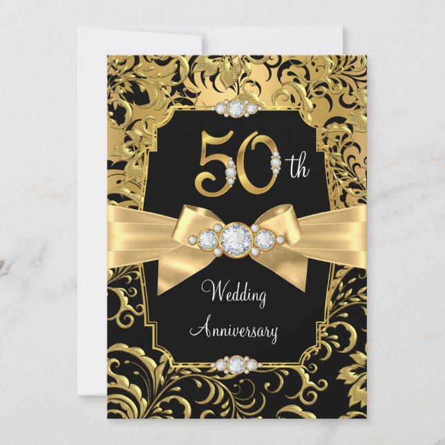 Invitación Damask Gold Bow Black Diamond 50 Aniversario (Anverso)
