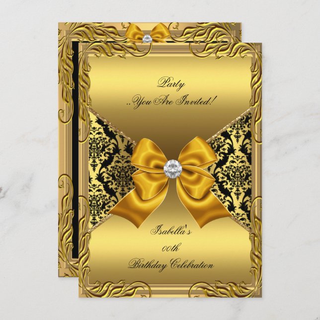 Invitación Damask Gold Bronze Diamond Black Birday Party 2 (Anverso / Reverso)