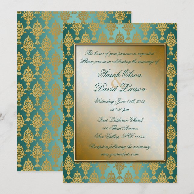 Invitación Damask Gold sobre Verde azulado (Anverso / Reverso)