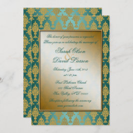 Invitación Damask Gold sobre Verde azulado