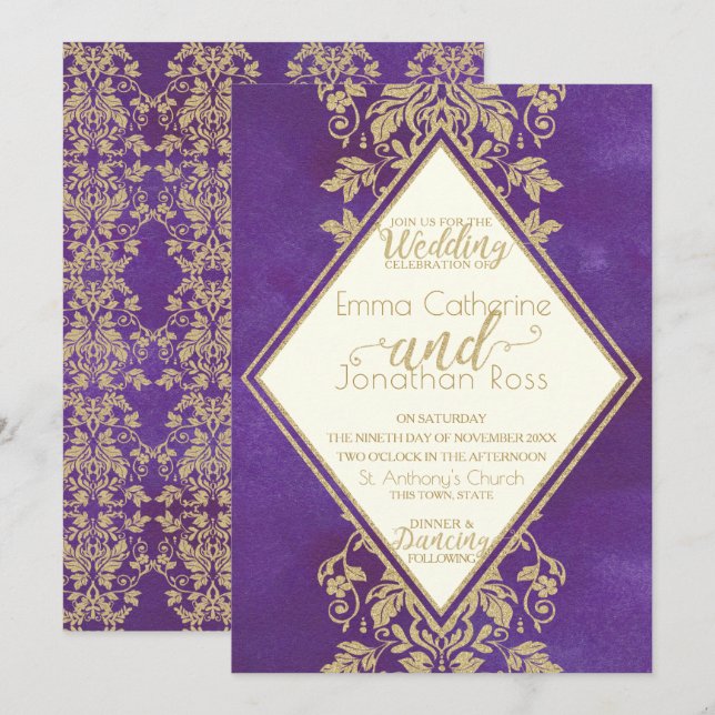 Invitación Damask Gold y Royal Purple Boda (Anverso / Reverso)