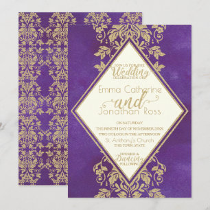 Invitación Damask Gold y Royal Purple Boda