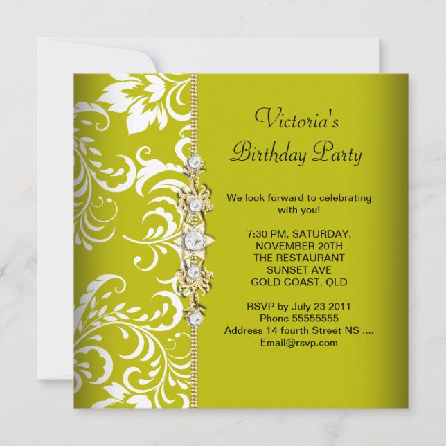Invitación Damask Green Aguacate White Birday Party Gold (Anverso)