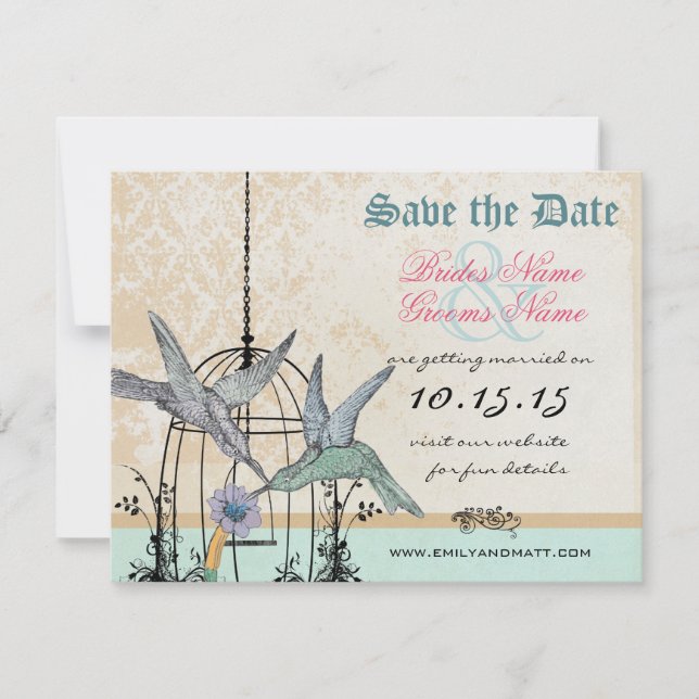 Invitación Damask Hummingbird Boda de jaulas salva la fecha (Anverso)
