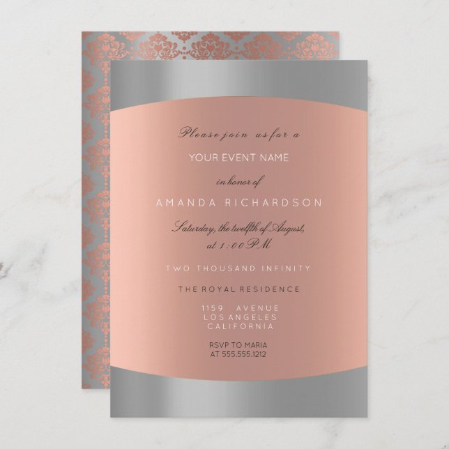 Invitación Damask Minimal Gray Rosa Gold Elegant Royal (Anverso / Reverso)