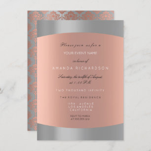 Invitación Damask Minimal Gray Rosa Gold Elegant Royal