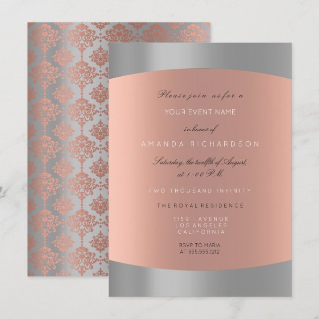 Invitación Damask Minimal Gris Rosa Oro Elegante Real (Anverso / Reverso)