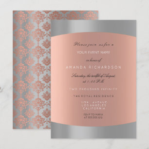 Invitación Damask Minimal Gris Rosa Oro Elegante Real