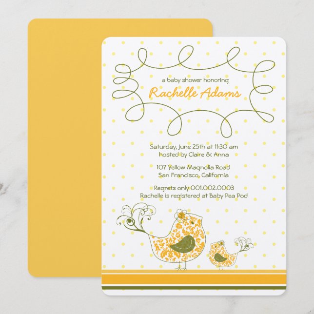 Invitación Damask Mom Y Baby Bird Moda Yellow Baby Shower (Anverso / Reverso)