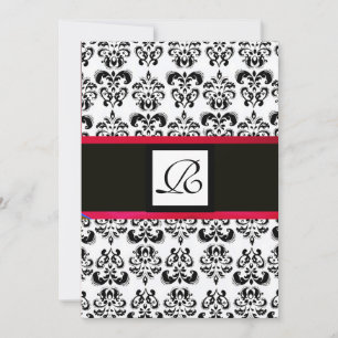 Invitación DAMASK MONOGRAM, blanco negro, rojo burdeos