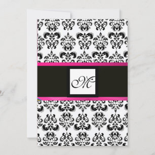 Invitación DAMASK MONOGRAM, blanco negro, violeta fucsia rosa