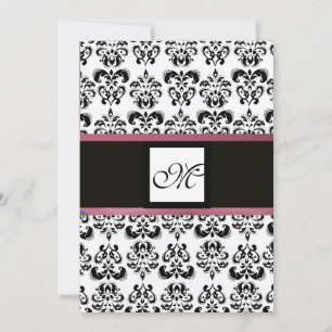 Invitación DAMASK MONOGRAM, blanco negro, violeta púrpura ros