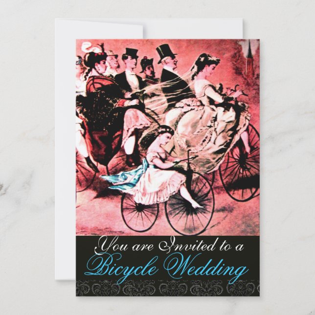 INVITACIÓN DAMASK MONOGRAM, BODA DE BICICLETA ROJA AZUL NEGRO (Anverso)