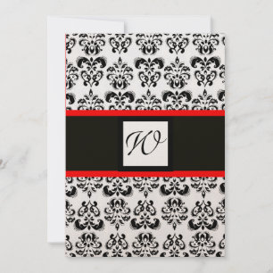 Invitación DAMASK MONOGRAM, negro, blanco, oro metálico, rojo