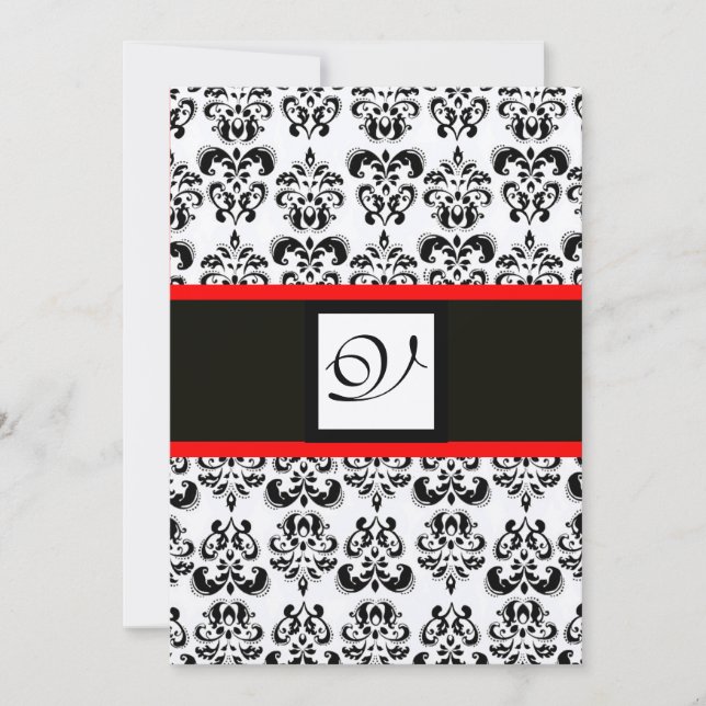 Invitación DAMASK MONOGRAM,Negro,Blanco,Rojo Champán Metálico (Anverso)