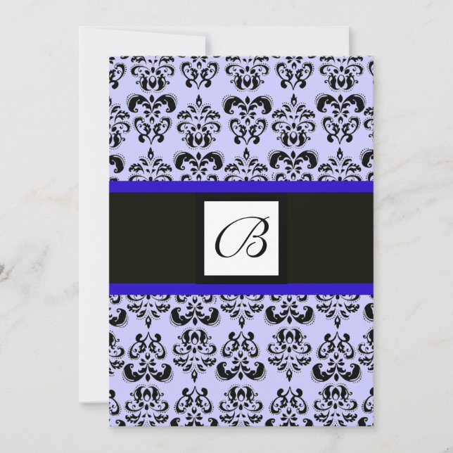 Invitación DAMASK MONOGRAM, negro y blanco, azul (Anverso)