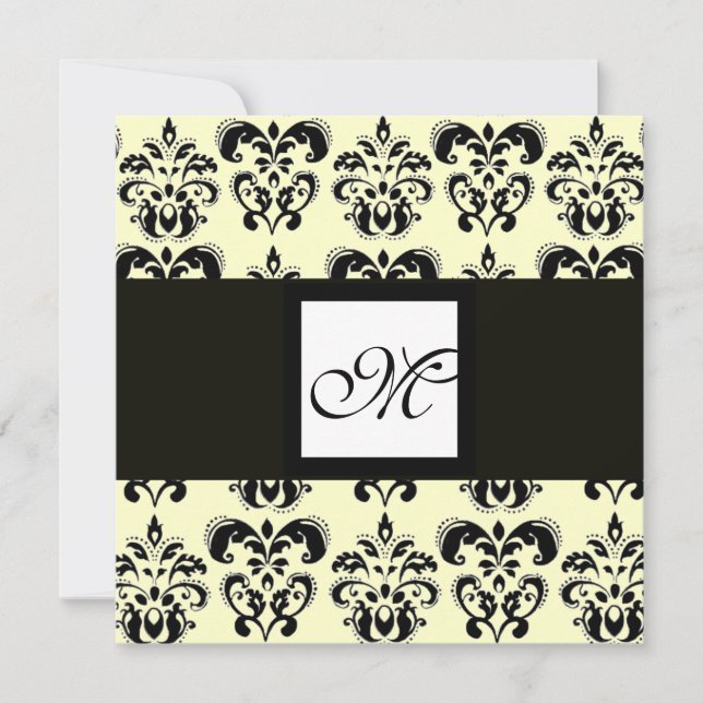 Invitación DAMASK MONOGRAM, negro y blanco, crema (Anverso)