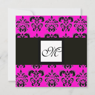 Invitación DAMASK MONOGRAM, negro y blanco, fucsia rosa