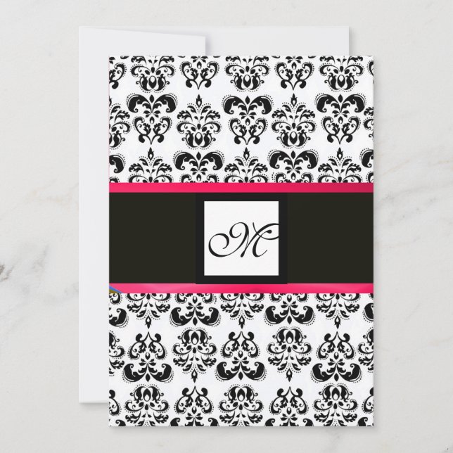 Invitación DAMASK MONOGRAM, negro y blanco, fucsia rosa (Anverso)