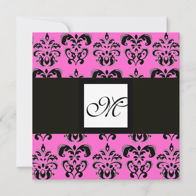 Invitación DAMASK MONOGRAM, negro y blanco, fucsia rosa (Anverso)