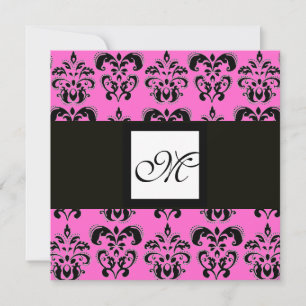 Invitación DAMASK MONOGRAM, negro y blanco, fucsia rosa