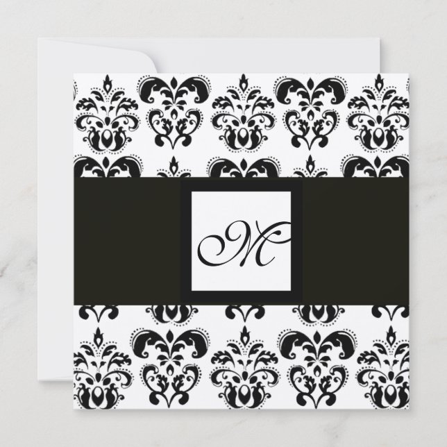 Invitación DAMASK MONOGRAM, negro y blanco, metal dorado (Anverso)