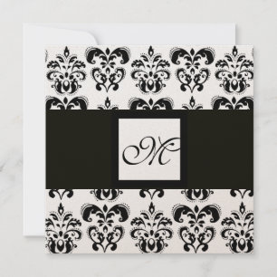 Invitación DAMASK MONOGRAM, negro y blanco, metal dorado