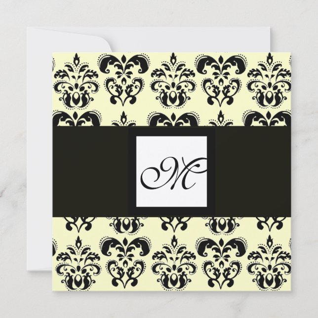 Invitación DAMASK MONOGRAM, negro y blanco, metal dorado (Anverso)