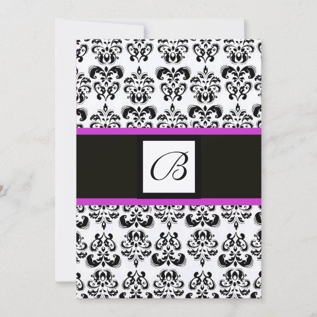 Invitación DAMASK MONOGRAM, negro y blanco, oro violeta rosa (Anverso)
