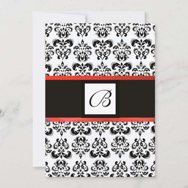 Invitación DAMASK MONOGRAM, negro y blanco, rojo (Anverso)