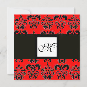 Invitación DAMASK MONOGRAM, negro y blanco, rojo