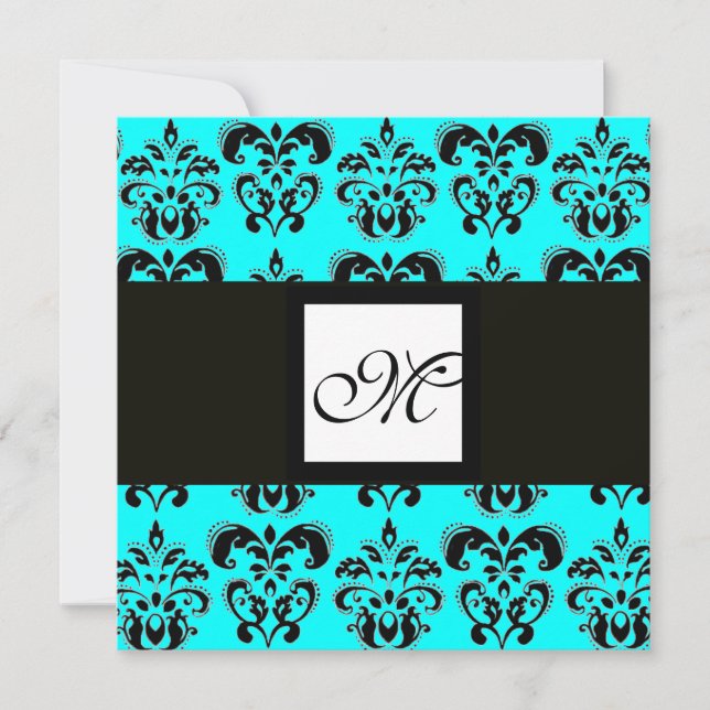 Invitación DAMASK MONOGRAM, negro y blanco, turquesa azul (Anverso)