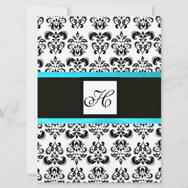 Invitación DAMASK MONOGRAM, negro y blanco, turquesa azul (Anverso)