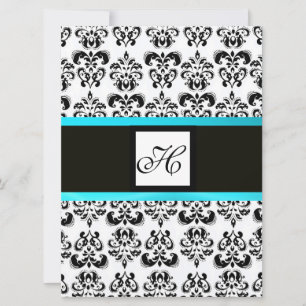 Invitación DAMASK MONOGRAM, negro y blanco, turquesa azul