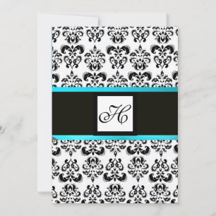 Invitación DAMASK MONOGRAM, negro y blanco, turquesa azul