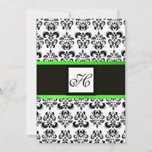 Invitación DAMASK MONOGRAM, negro y blanco, verde esmeralda