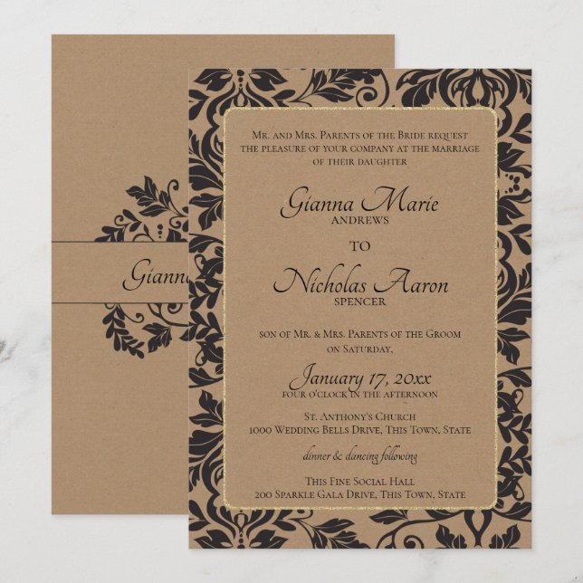 Invitación Damask Natural Kraft Brown Boda (Anverso / Reverso)