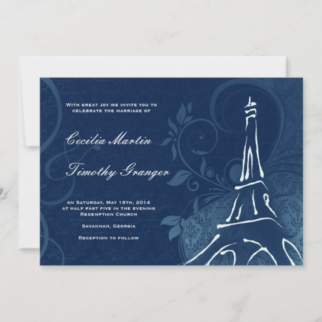 Invitación Damask Parisienne - Boda azul oscuro de zafiro (Anverso)