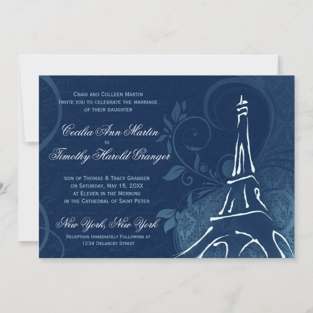Invitación Damask Parisienne - Boda azul oscuro de zafiro (Anverso)
