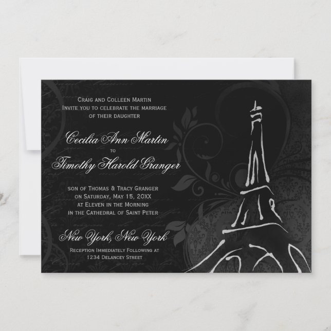 Invitación Damask Parisienne - Boda negro de medianoche (Anverso)