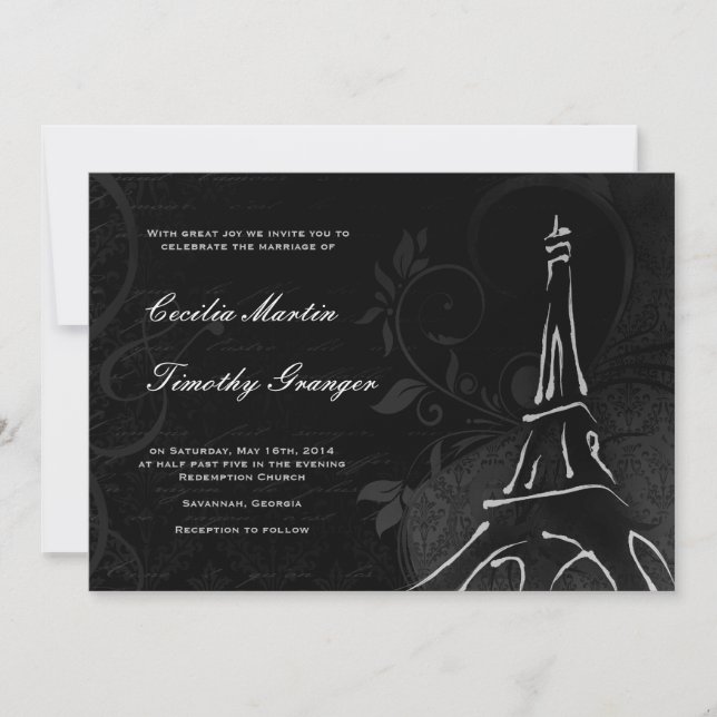 Invitación Damask Parisienne - Boda negro de medianoche (Anverso)