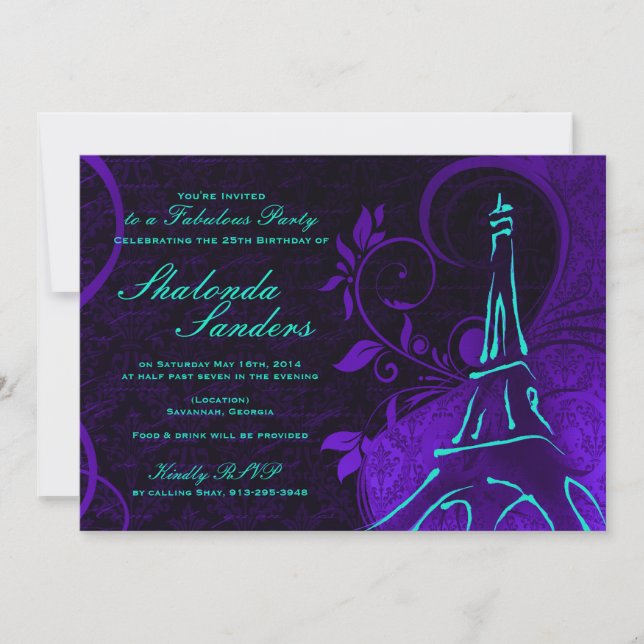 Invitación Damask Parisienne: Cumpleaños Verde azulado y Mora (Anverso)